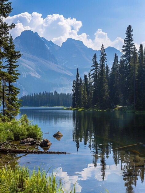 Tranquil Mountain Lake Reflection with Pine Trees and Blue Sky