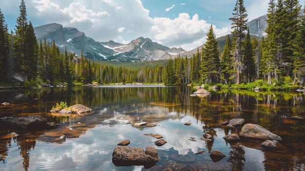 Tranquil Mountain Lake Surrounded by Pine Trees and Rocks