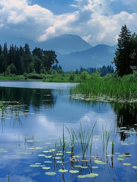 Tranquil Mountain Lake with Lush Greenery and Reflective Waters