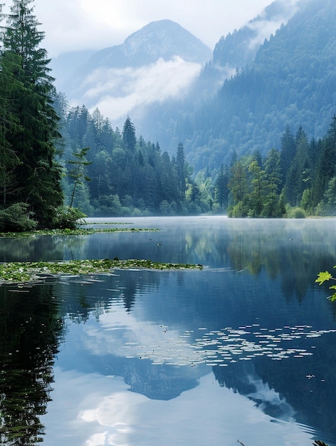 Tranquil Mountain Lake with Misty Reflections and Lush Forest