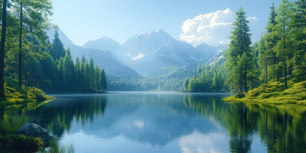 Tranquil Mountain Lake with Pine Trees and Reflections