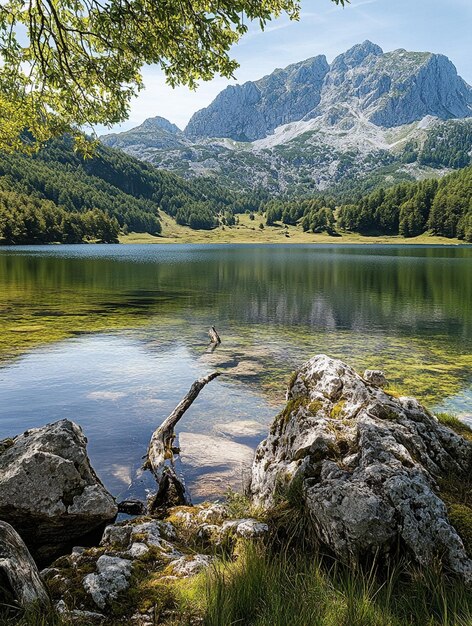 Tranquil Mountain Lake with Reflections and Lush Greenery