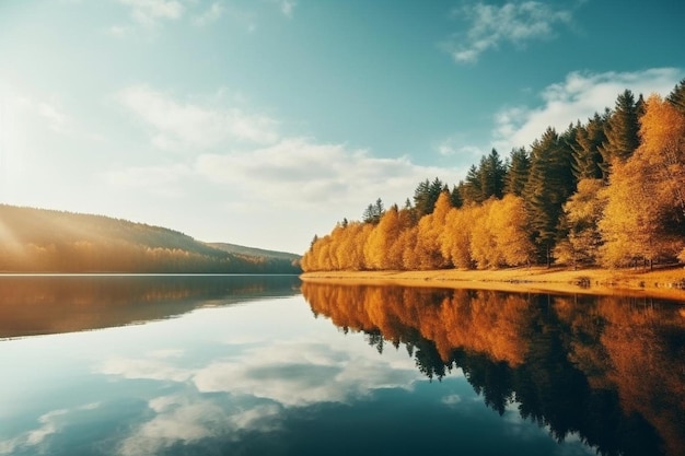 Tranquil mountain reflection on autumnal pond beauty