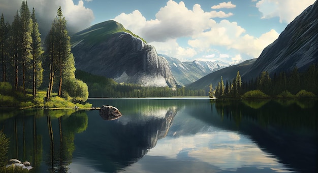 Tranquil mountain reflection in idyllic wilderness meadow generative AI