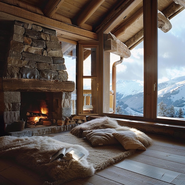 A tranquil mountain retreat with a wooden cabin and a fireplace