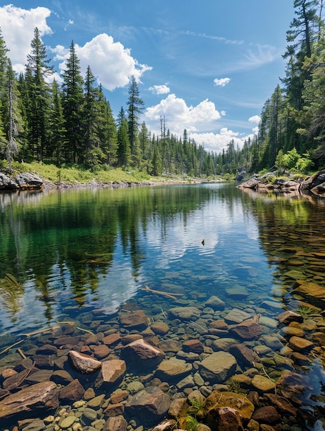 Tranquil Mountain River with Crystal Clear Waters and Lush Green Forest Reflections