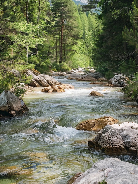 Tranquil Mountain Stream Flowing Through Lush Green Forest