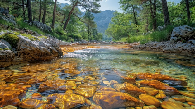 Tranquil Mountain Stream Serene Nature with Clear Water Mossy Rocks and Dappled Sunlight