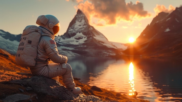 Tranquil Mountain Sunset with Astronaut Contemplation