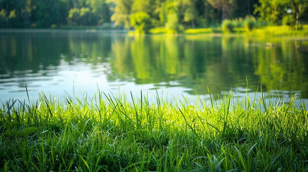 Photo tranquil natural beauty grass field by serene lake