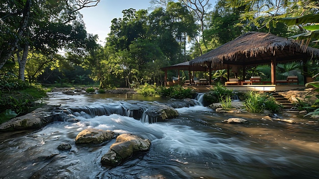 A tranquil natural reserve with a flowing river and diverse wildlife