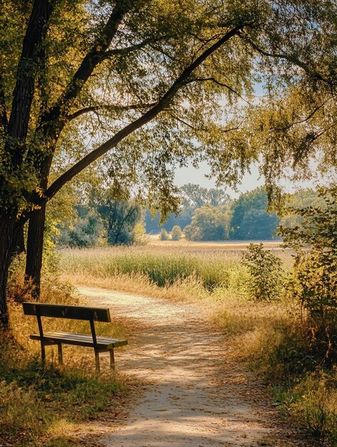 Tranquil Nature Pathway with Bench Under Trees Serene Outdoor Escape