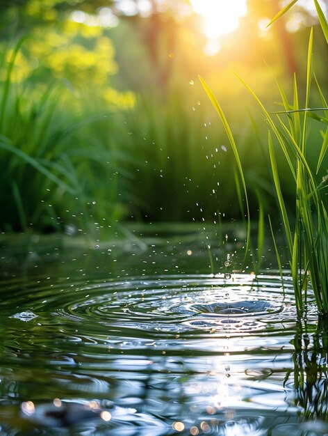 Tranquil Nature Scene Sunlit Water Droplets and Lush Greenery