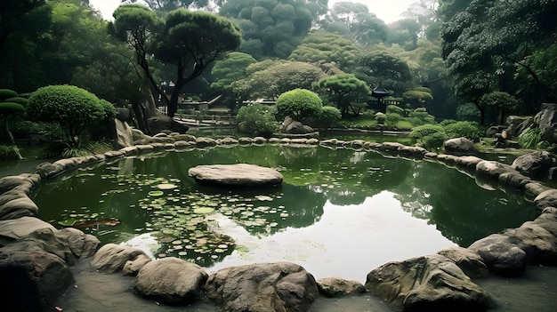 Tranquil nature scene with calm waters lush greenery and reflective pond