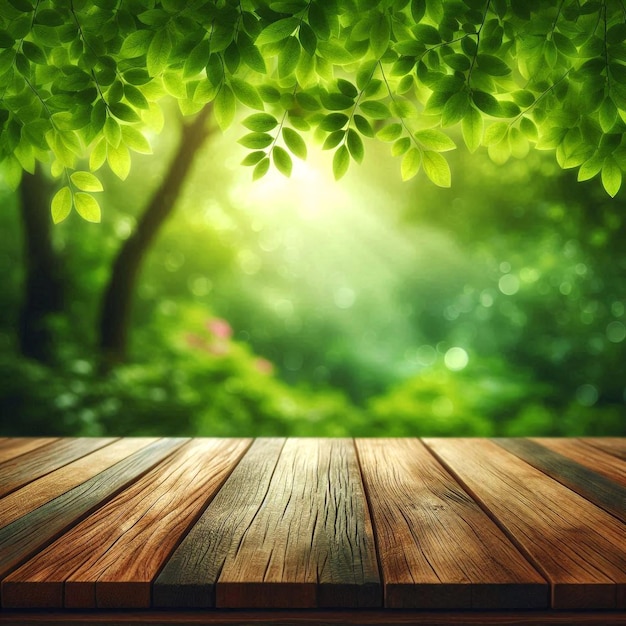 Tranquil nature stage with a rustic wooden floor and bright foliage