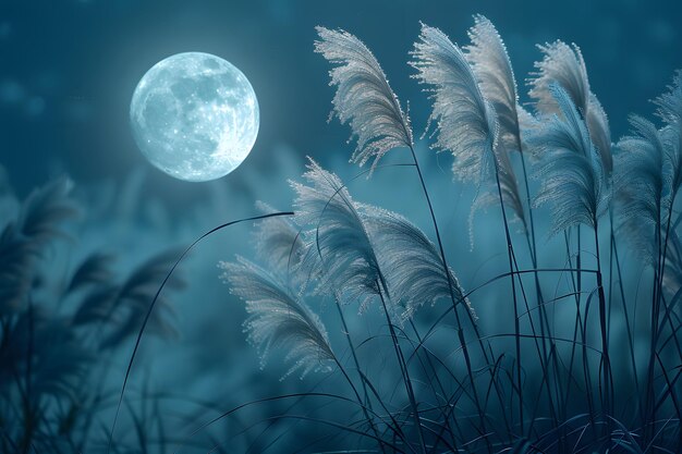 Photo tranquil night scene with full moon and japanese pampas serene and peaceful