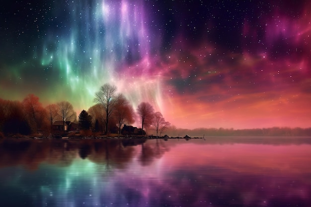 Photo tranquil night sky reflecting aurora in breathtaking nature scene generative ai