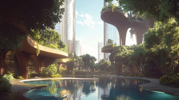 Photo a tranquil oasis in a futuristic city featuring a serene swimming pool surrounded by lush gree