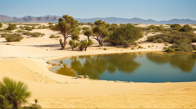 A tranquil oasis surrounded by sand dunes and ancient ruins