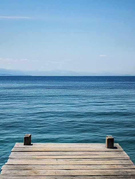 Photo tranquil ocean view from wooden pier on a sunny day