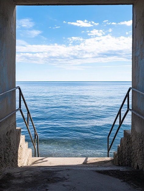 Photo tranquil ocean view through archway serene coastal escape