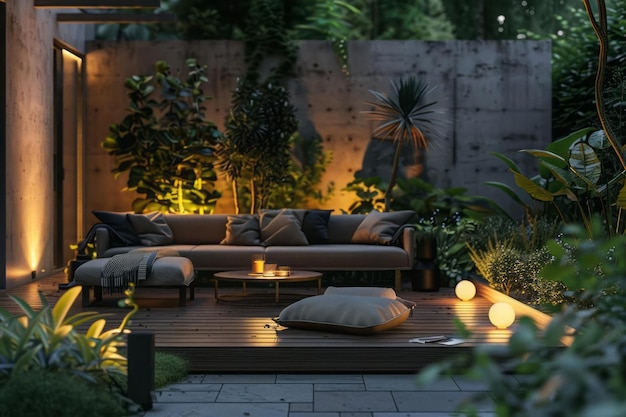 A tranquil outdoor patio with modern streamlined outdoor furniture ambient lighting and a focus on greenery and open space