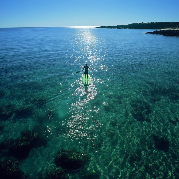 Photo tranquil paddleboarding sunkissed turquoise waters and a distant beach