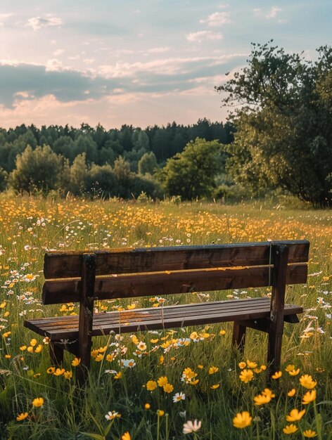 Tranquil Park Bench in Blooming Wildflower Meadow at Sunset