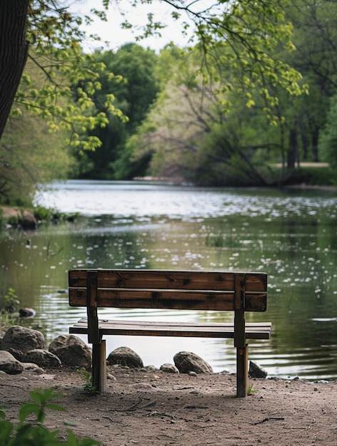 Photo tranquil park bench by serene lake nature retreat and relaxation