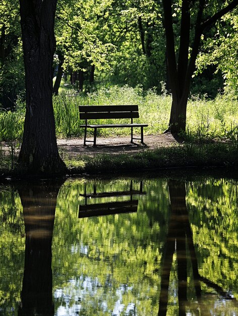 Photo tranquil park bench by serene pond nature reflection and peaceful retreat