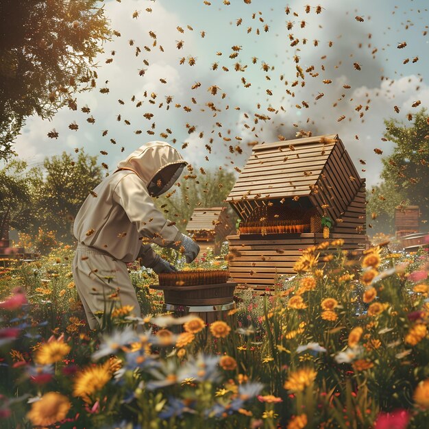 Photo tranquil pastoral scene of family run apiary with beekeepers inspecting vibrant wildflowers and buzzing honeybees