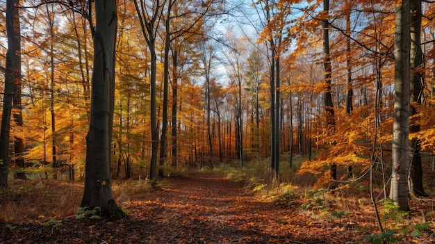 A tranquil path winds through a vibrant autumn forest showcasing a palette of warm yellows and