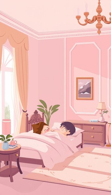 Photo a tranquil pink bedroom with a sleeping child and elegant decor