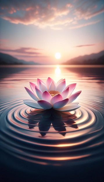 Tranquil Pink Lotus at Golden Hour Serene Water Ripples