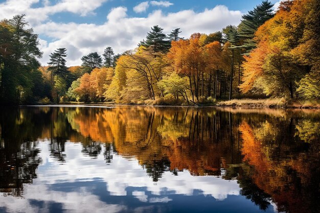 Tranquil pond reflecting the vibrant colors of autumn