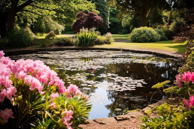 Tranquil pond surrounded by vibrant flowers and lush foliage