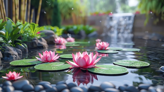 A tranquil pond with floating lotus flowers and a bamboo fountain in the background