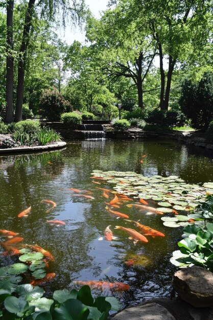 Photo a tranquil pond with koi fish swimming amongst lily pads surrounded by lush greenery