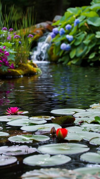 Photo a tranquil pond with lily pads and blooming flowers