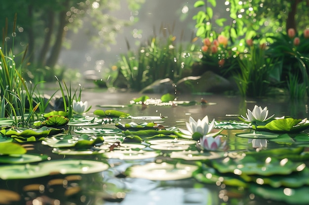 Tranquil pond with lily pads and frogs