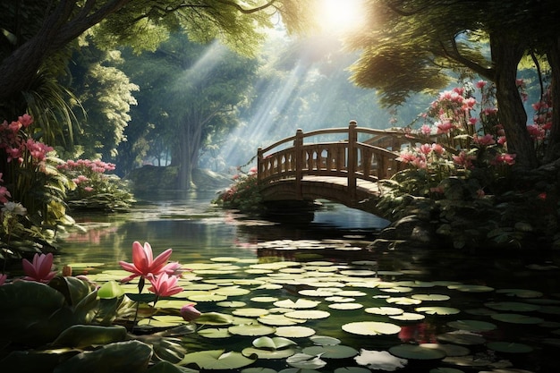 A tranquil pond with water lilies and a wooden bri