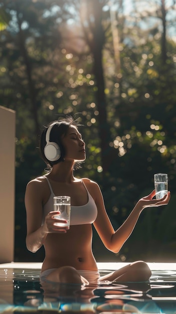 Photo in a tranquil pool setting an asian woman relaxes with white headphones on savoring a refreshing drink sunlight filters through lush trees enhancing her peaceful moment