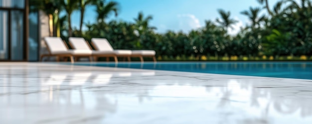 Photo a tranquil poolside scene with sun loungers and vibrant palm trees perfect for relaxation and summer vibes