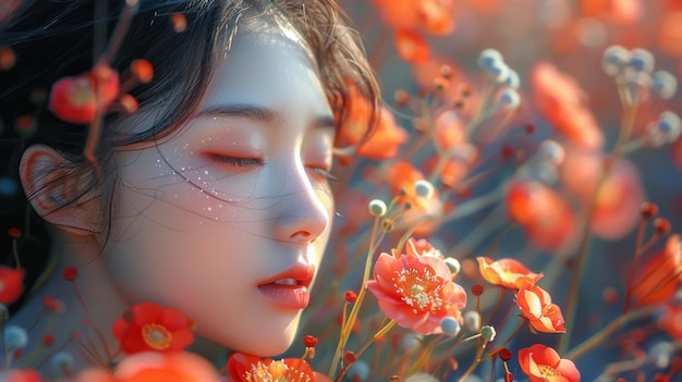 tranquil portrait young woman eyes closed vibrant flowers serenity natural beauty dreamlike setting