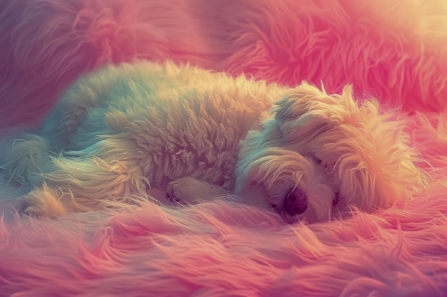 Tranquil Puppy Sleeping Peacefully on Soft Colorful Fluffy Blanket Dreamy Pastel Tones Canine