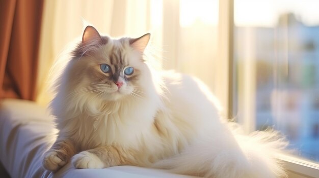 Tranquil Ragdoll Cat Resting on Sunlit Windowsill in Light Airy Room