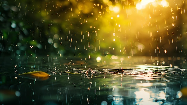 Tranquil Rain Falling Gently on the Surface of a Clear Water Body Against a Bright Background