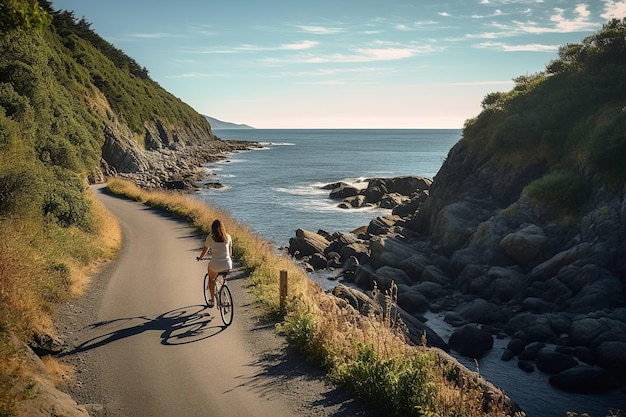 A tranquil rear view image of a woman leisurely cycling along a picturesque coastal path