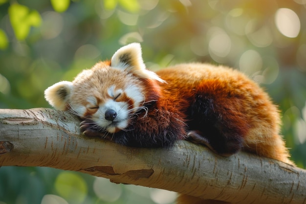 Tranquil red panda asleep on a tree branch in lush greenery