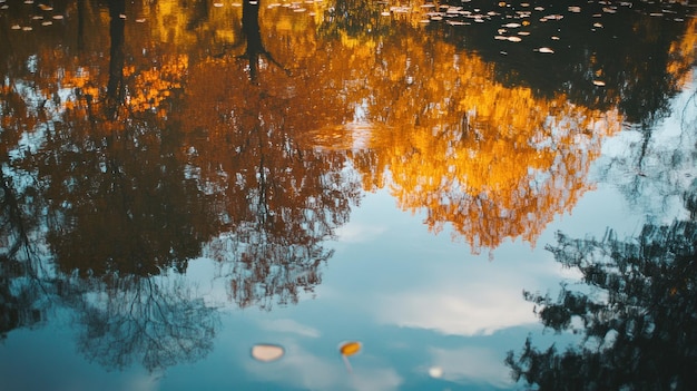 Photo a tranquil reflection of autumn trees in a serene pond showcasing vibrant fall colors